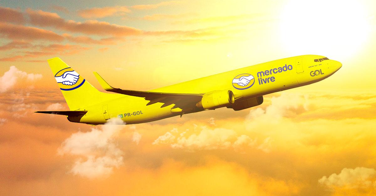 Avião com as cores e o logo do Mercado Livre e da GOL