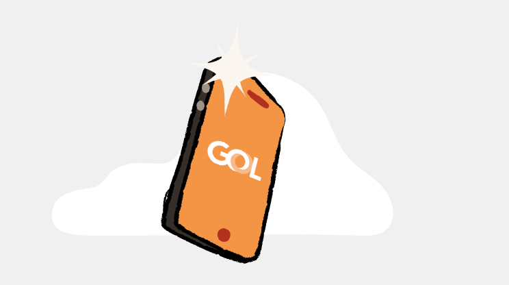 Ilustração de um telefone celular com o logotipo da GOL na tela