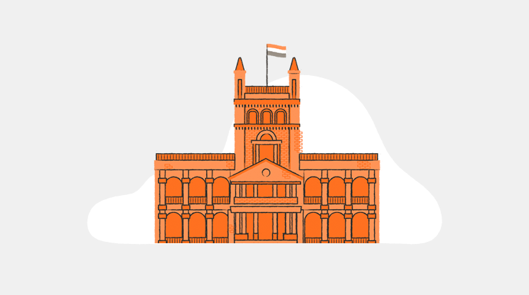 Ilustração do Palácio Los López e a bandeira paraguaia em tons de laranja