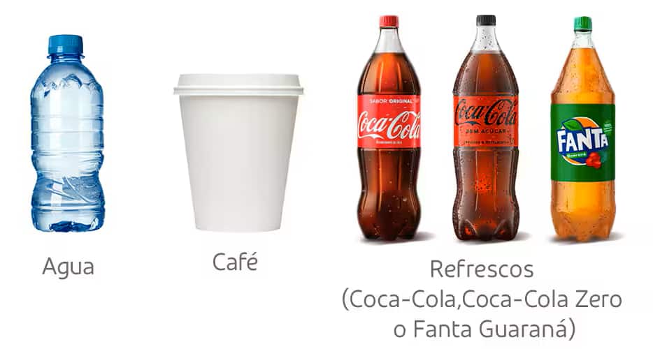 agua, café, Jugo Maguary, Refrescos (Coca-Cola, Coca-Cola Zero o Fanta Guaraná)