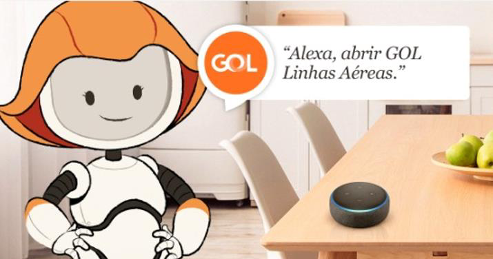 Imagem de um espaço de jantar, com uma mesa e cadeiras em volta, contendo uma Alexa em cima da mesa e a Gal (Atendente Virtual da GOL) dizendo a Alexa: "Alexa, abrir GOL Linhas Aéreas"