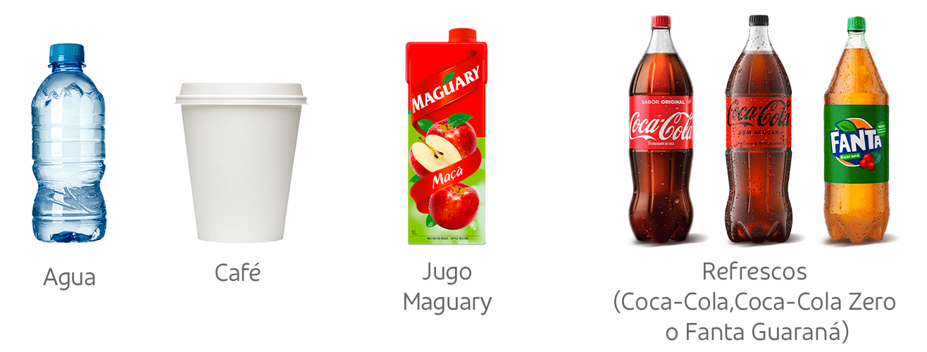 agua, café, Jugo Maguary, Refrescos (Coca-Cola, Coca-Cola Zero o Fanta Guaraná)