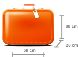 Imagem de uma bagagem na cor laranja com as seguintes dimensões: 80 centímetros de altura, 50 centímetros de comprimento e 28 centímetros de largura.