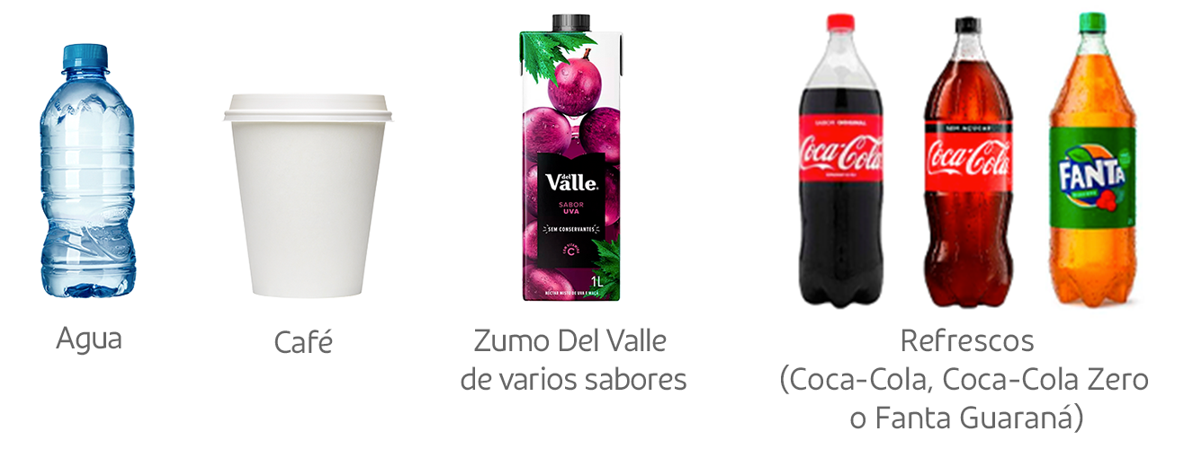 agua, café, Zumo Del Valle de varios sabores, Refrescos (Coca-Cola, Coca-Cola Zero o Fanta Guaraná)