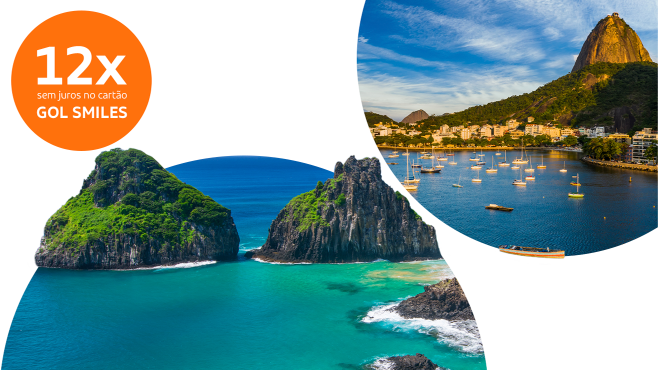 Passagens Aéreas do Mês Imagens tiradas das praias do Rio de Janeiro e Salvador, com os dizeres: 12 vezes sem juros no cartão GOL Smiles