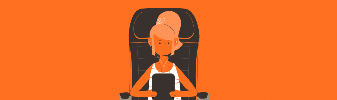 Ilustração com fundo laranja de uma menina usando seu tablet em um dos assentos do avião.