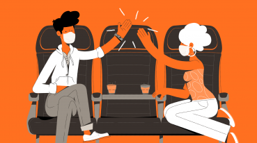 Illustration with an orange background of two women sitting in airplane seats with glasses and greeting each other.