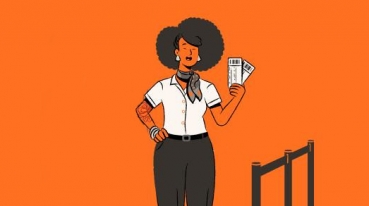 Illustration with an orange background of a GOL employee holding some GOL bus tickets.
