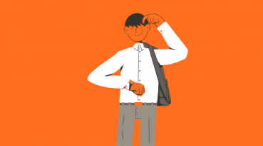 Illustration with an orange background of a man wearing a white shirt and carrying a backpack, looking at the time on his wristwatch.
