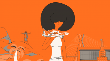 Ilustración con fondo naranja de una mujer sosteniendo un mini avión GOL.