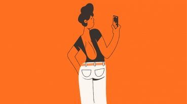  Illustration with orange background of a woman looking at her smartphone.