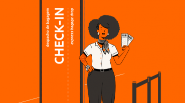Ilustración con fondo naranja de una mujer en la puerta de embarque con dos billetes.