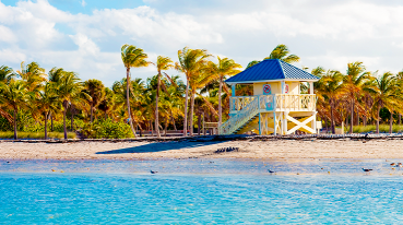 Praia em Crandon Park, Miami, com águas cristalinas, areia branca, palmeiras e um posto salva-vidas ao fundo.