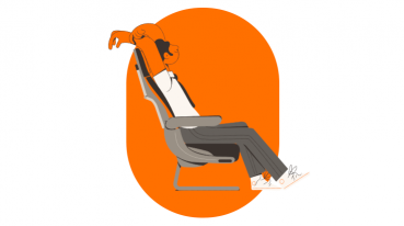Ilustração de um homem sentado confortavelmente na poltrona do avião, mostrando a comodidade de um assento Premium.