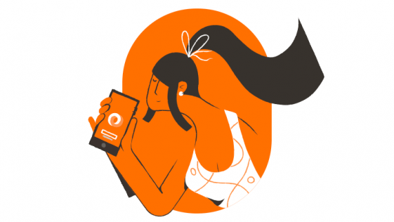 Ilustração de uma mulher de regata e cabelos presos segurando um celular com o logo da GOL na tela.