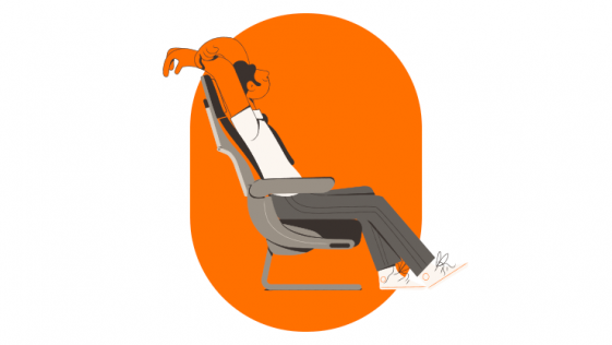 Ilustração de um homem sentado confortavelmente na poltrona de avião.