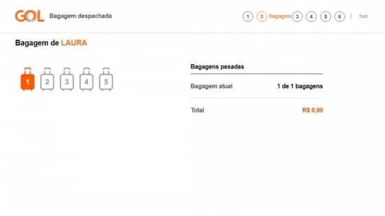 Imagem do painel de Bagagem Despachada do totem de autoatendimento mostrando a quantidade de bagagem através de ilustrações de bagagens com numerações a esquerda, e os dizeres a direita: "Bagagens pesadas", "Bagagem atual: uma de uma bagagens", "Total de zero reais"