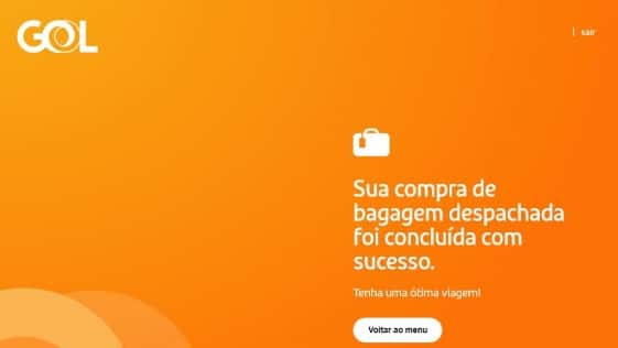 Imagem do painel do totem de autoatendimento mostrando a seguinte mensagem: "Sua compra de bagagem despachada foi concluída com sucesso. Tenha uma ótima viagem" e abaixo há um botão de Voltar ao Menu